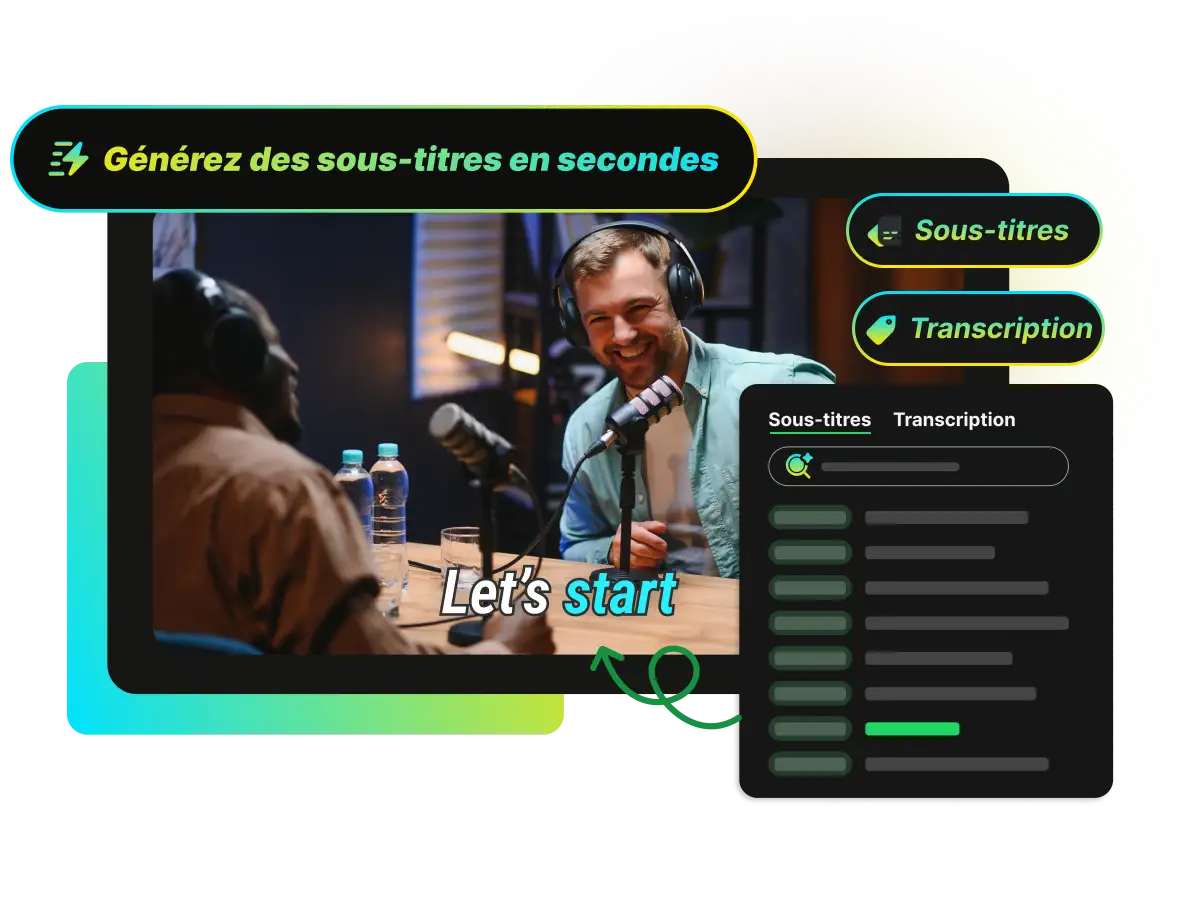 Interface de générateur de sous-titres automatique affichant des sous-titres créés en temps réel sous une vidéo.